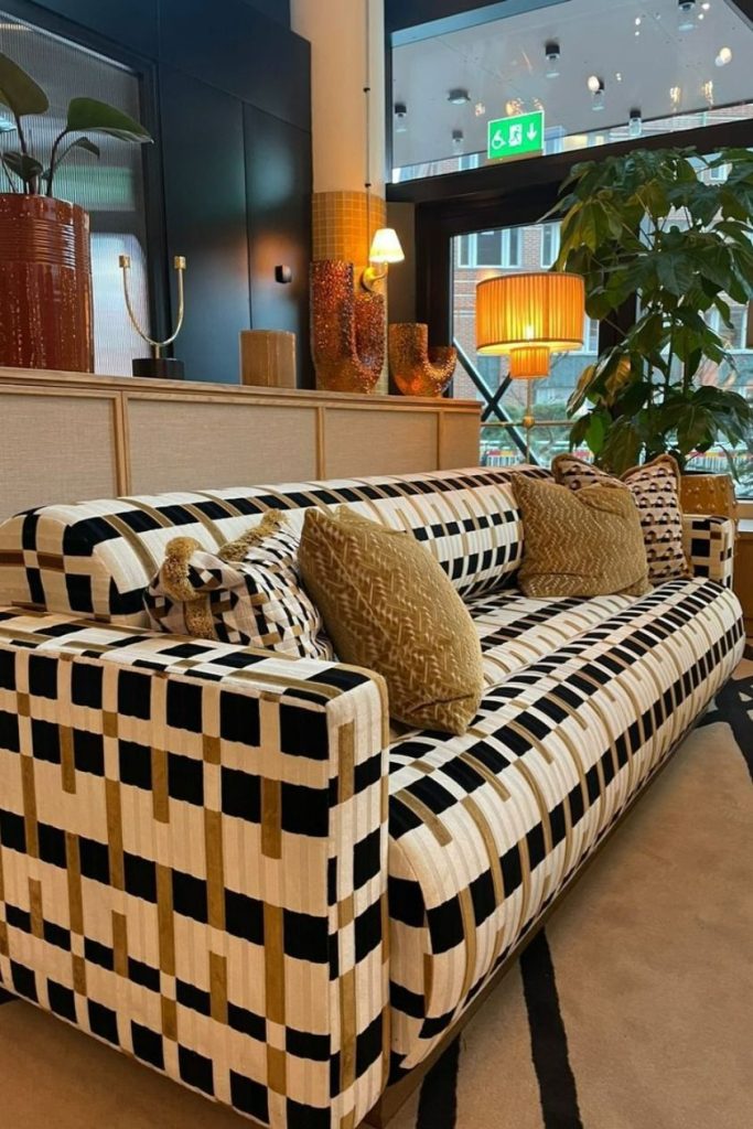 Bold geometric sofa with contrasting striking color palette