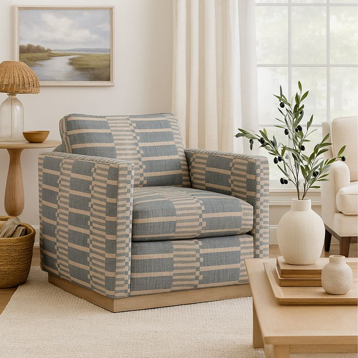 coastal blue patterned chair in sitting room